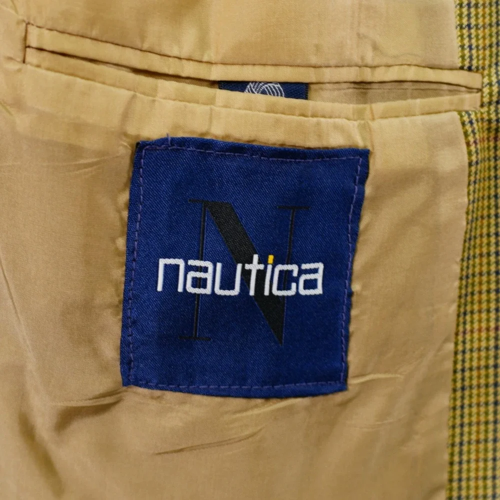 Nautica Wool Tan Green‎ Blue Houndstooth W/ Yellow Red Windowpane 46L Sport Coat